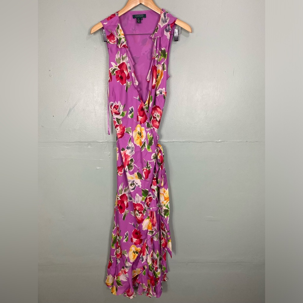 Lauren‎ Ralph Lauren Silk Floral Purple Wrap Dress Midi Sleeveless Sz 14 W